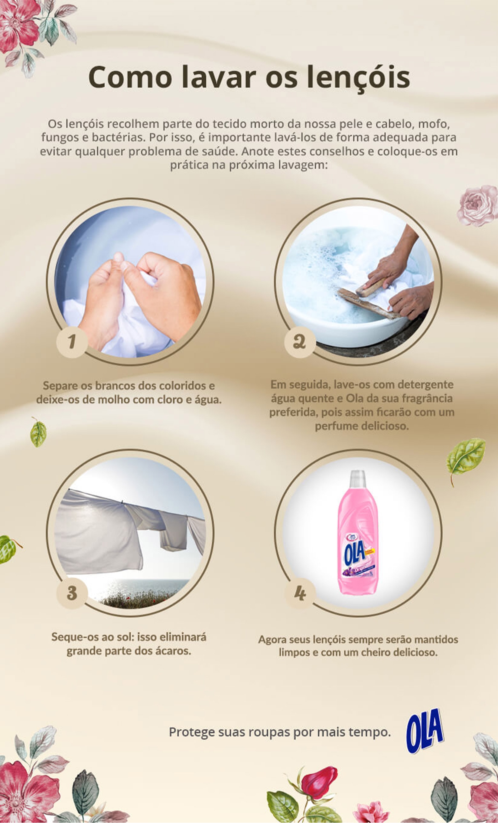 Infográfico mostrando passo a passo de como lavar lençol branco